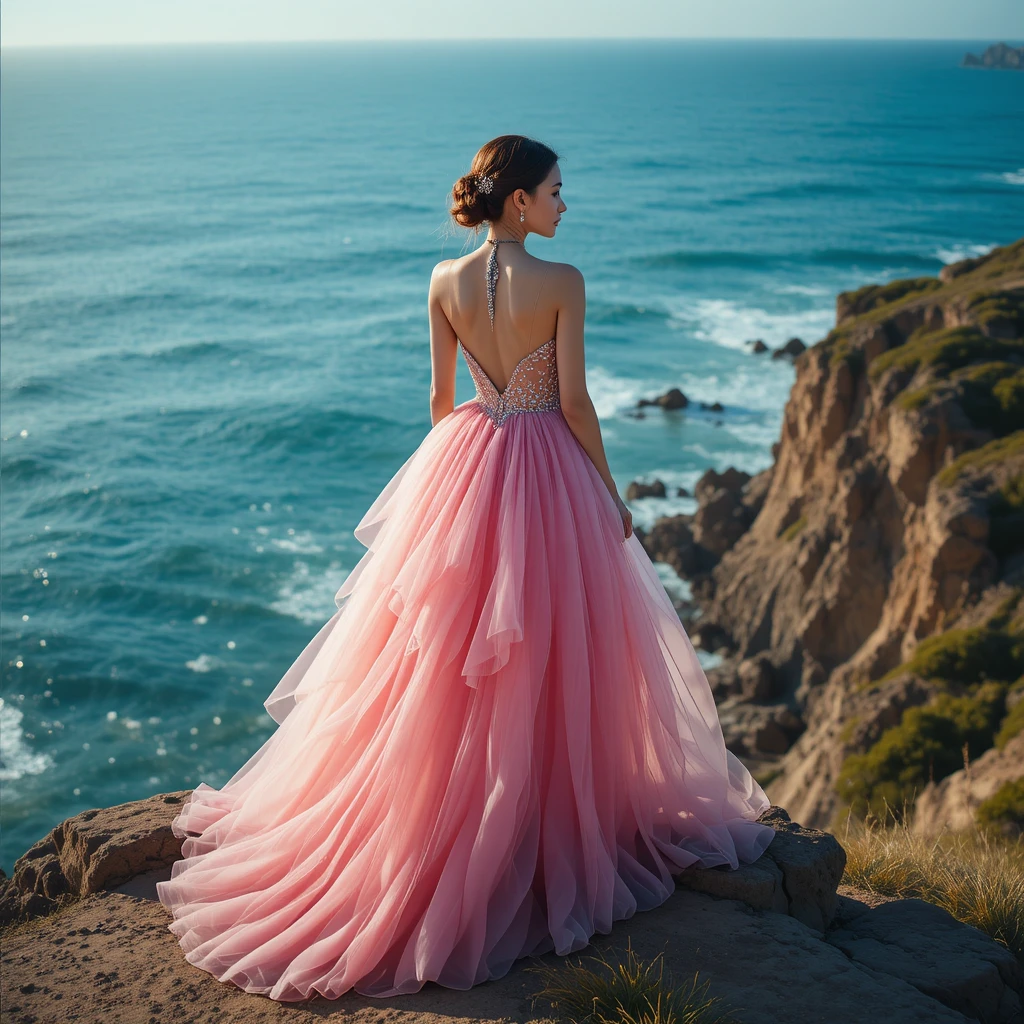 Elegant woman in pink gown standing on ocean cliff