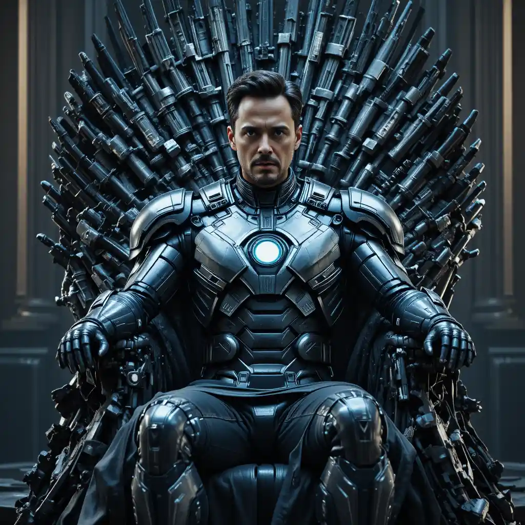 Armored futurist seated on a gothic iron throne