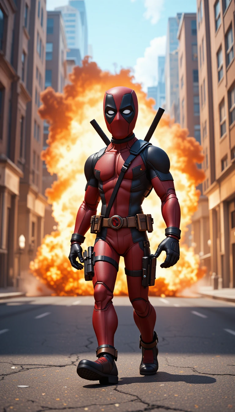 Masked antihero walks from city explosion in daylight