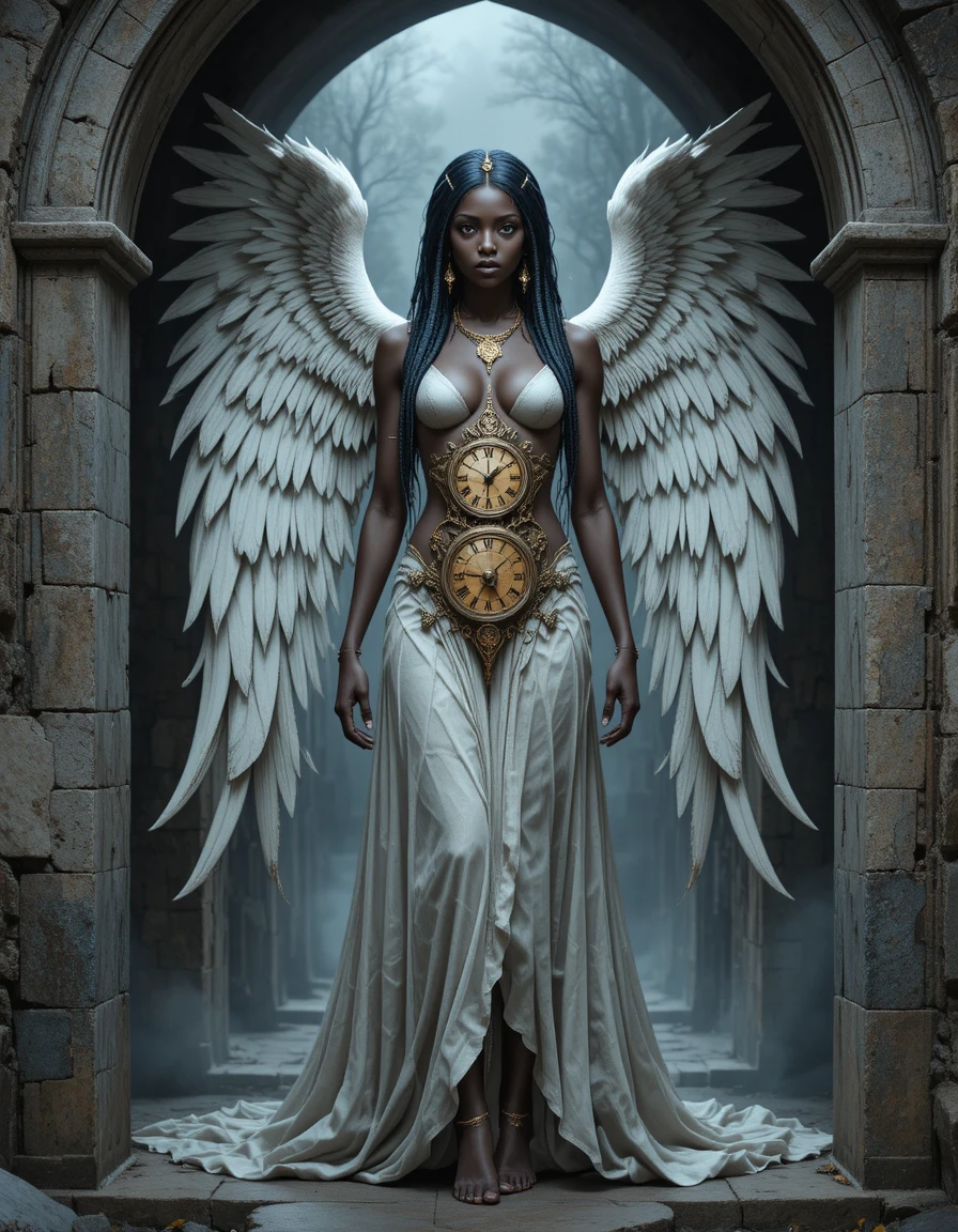 Gothic angelic timekeeper in a medieval stone archway
