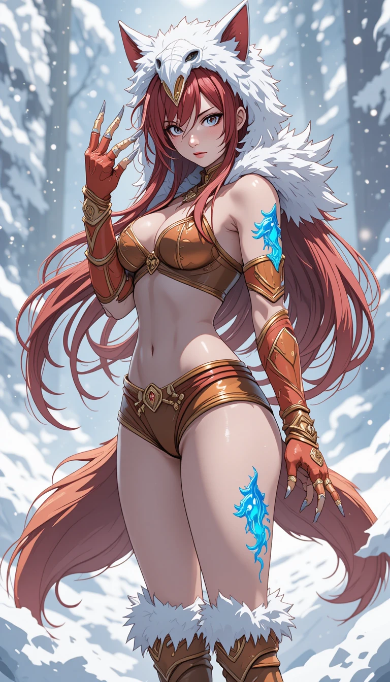 雪景色に佇む深紅の髪のアニメ女戦士