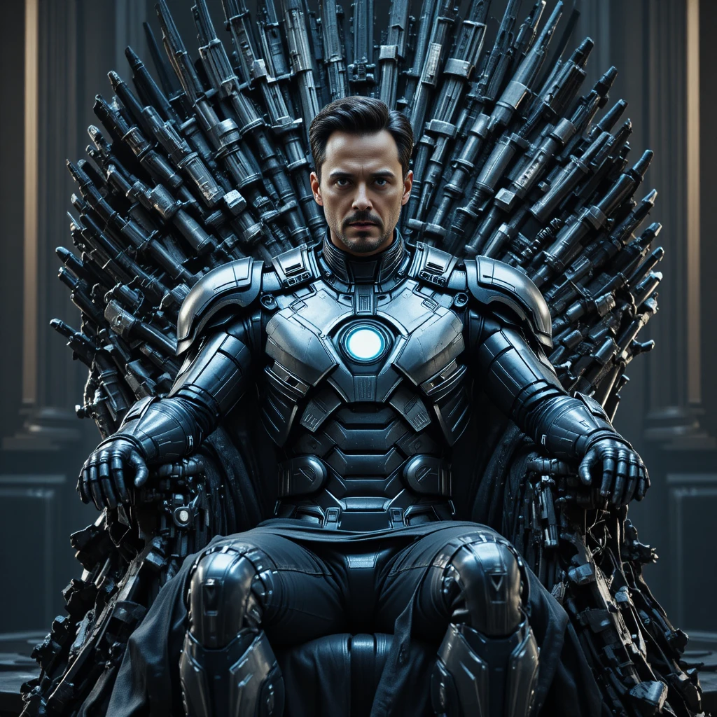 Armored futurist seated on a gothic iron throne