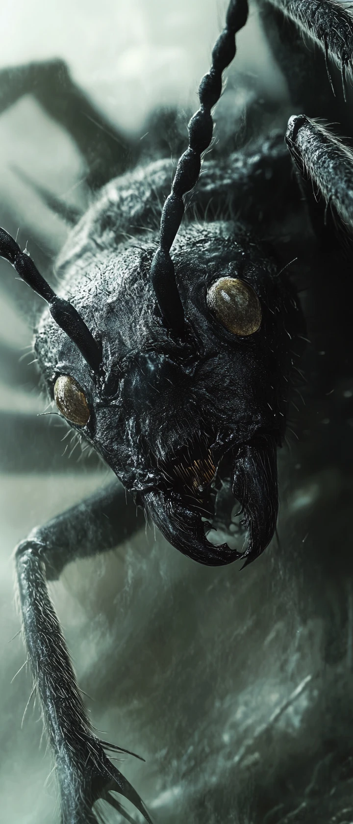 Extreme close up of an old ant in thick eerie fog