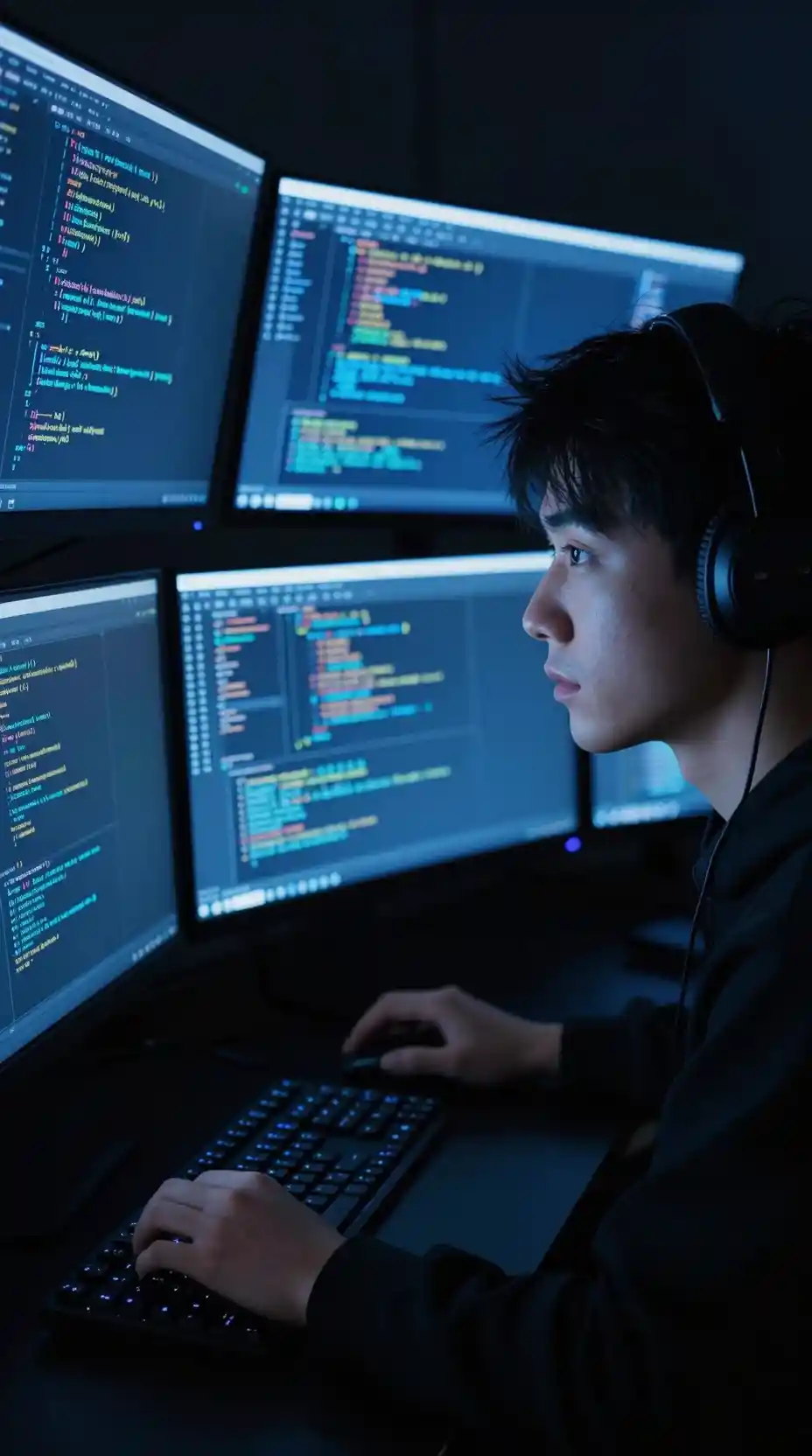 Programmatore concentrato illuminato da monitor blu in una stanza buia