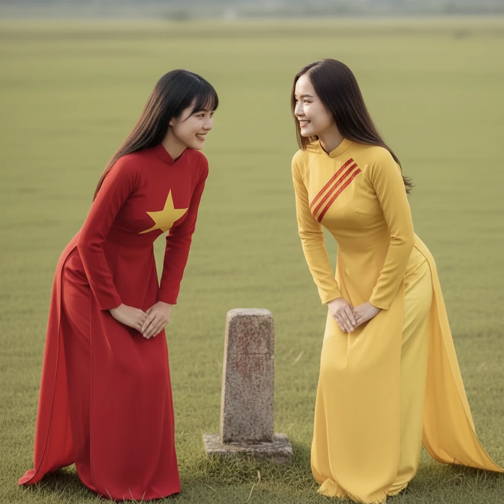 Two girls in traditional ao dai curtsying on a grass field