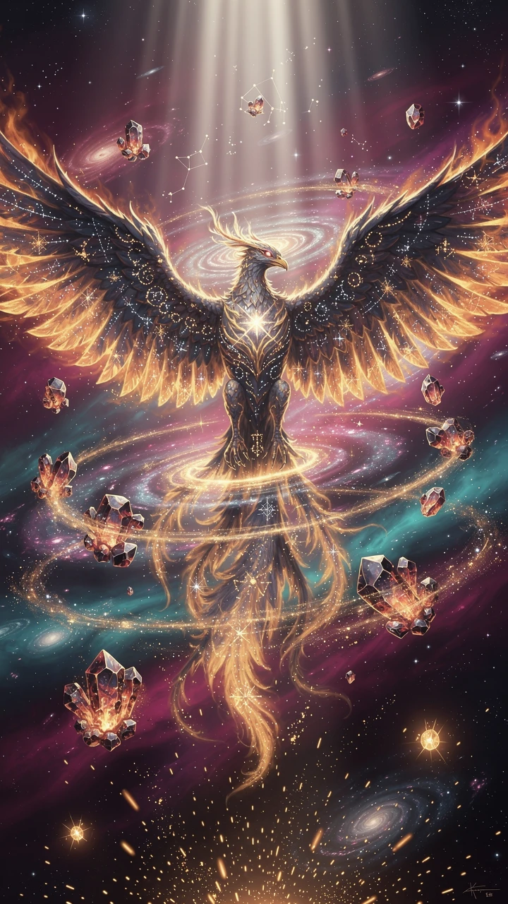 Celestial phoenix rising through a glowing cosmic nebula