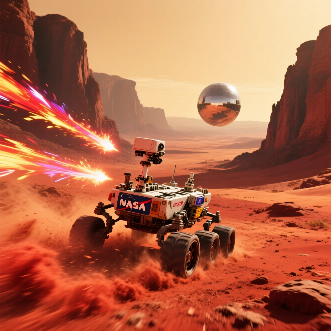 Sci fi rover racing across a glowing Martian canyon