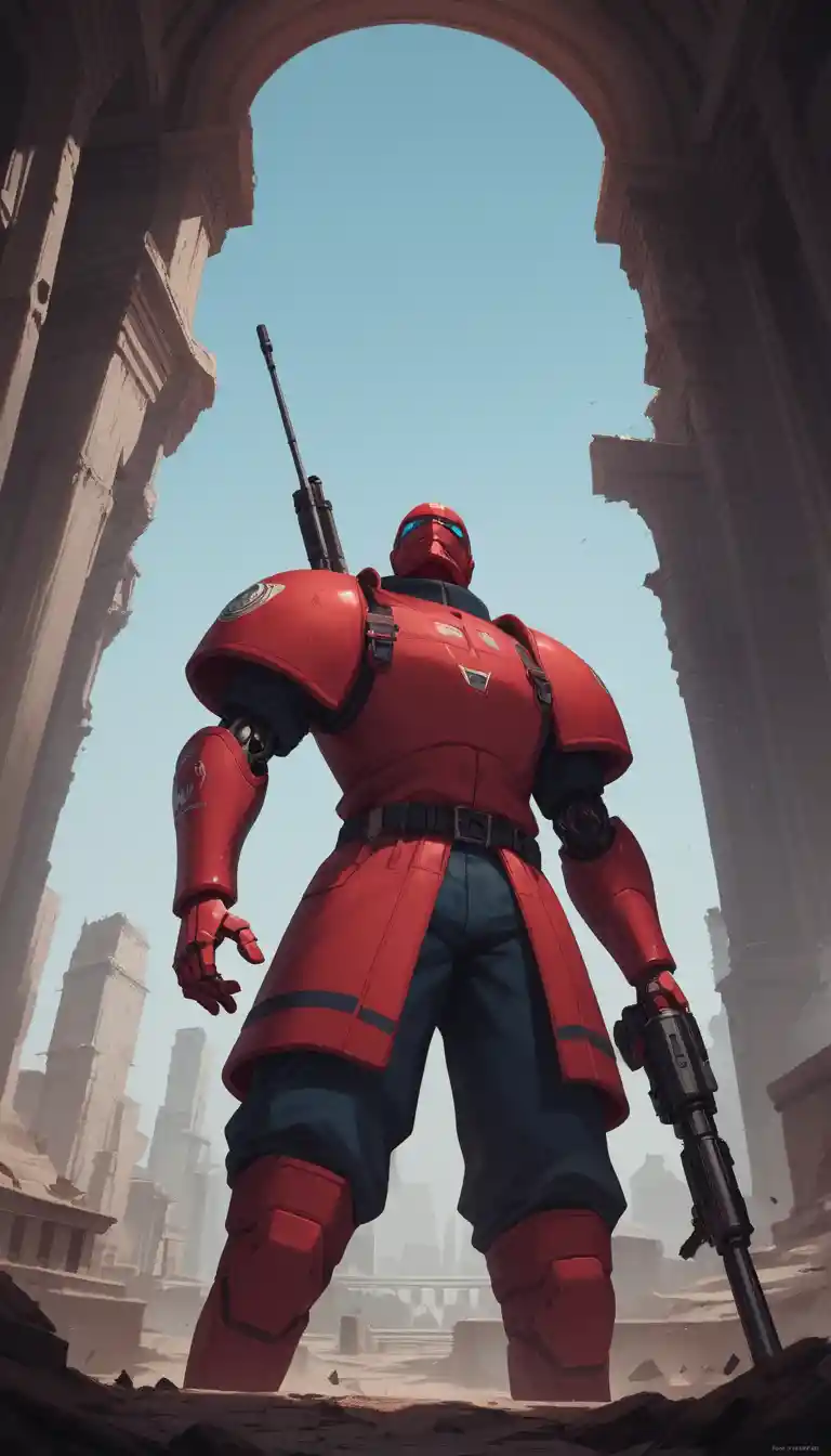 Cybernetic hunter aiming a rifle in ruined city