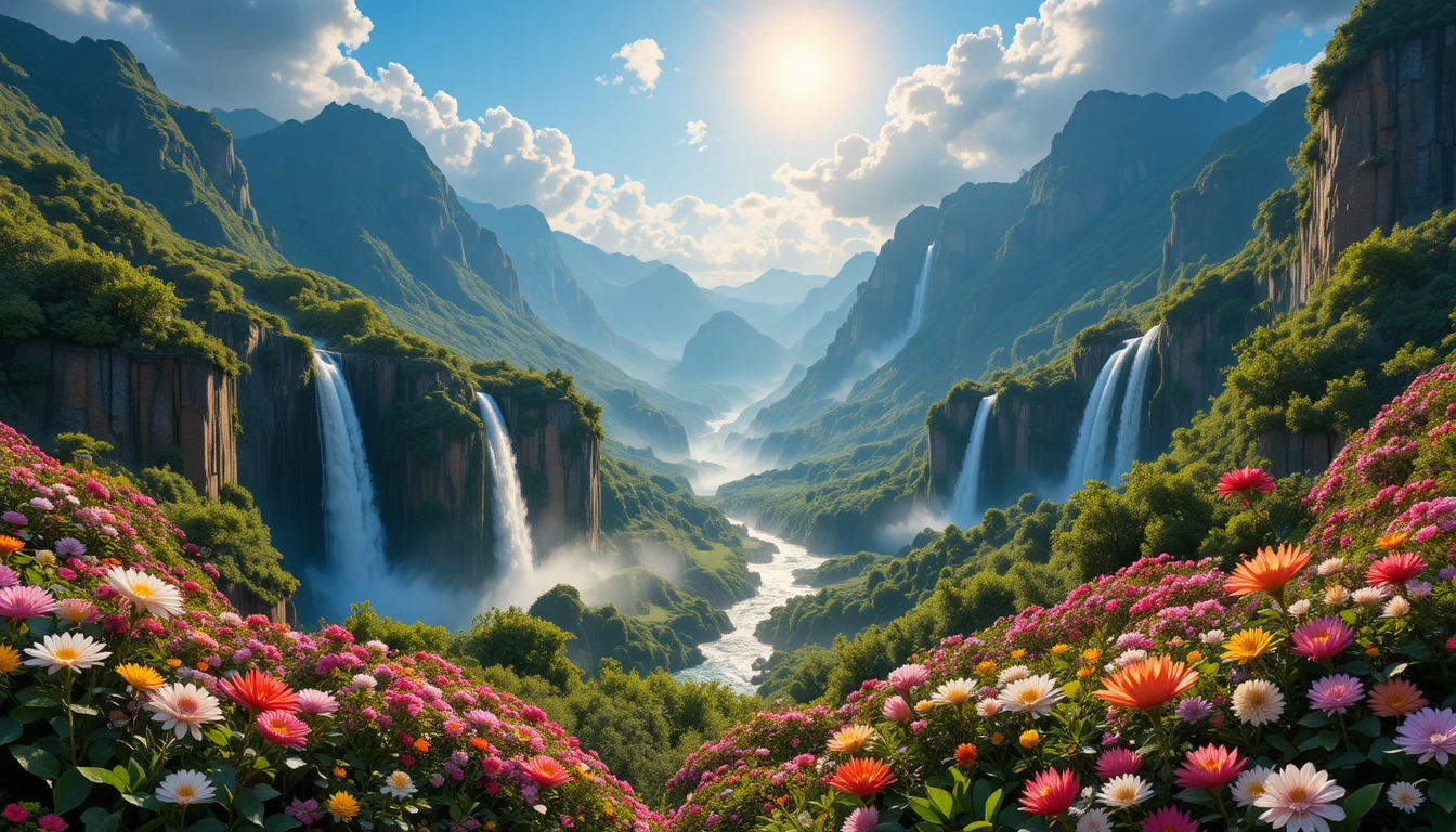 Sunlit mountain waterfalls with lush greenery and flowers