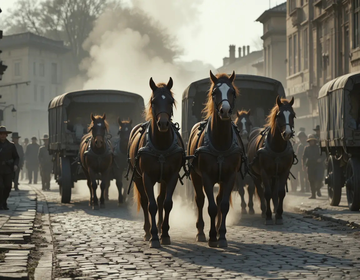 Horse drawn freight wagons at dawn on a cobblestone street