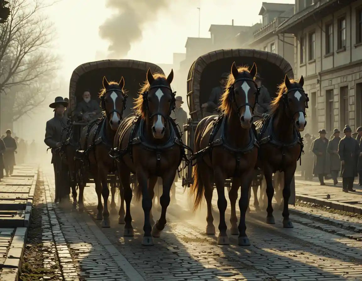Draft horses pulling heavy wagons at dawn on cobblestone street