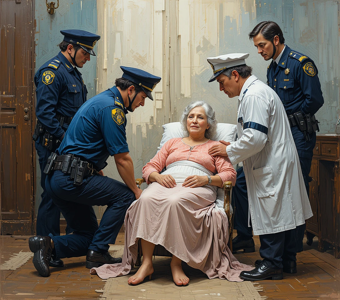Police officers and doctor kneel in a half circle around woman