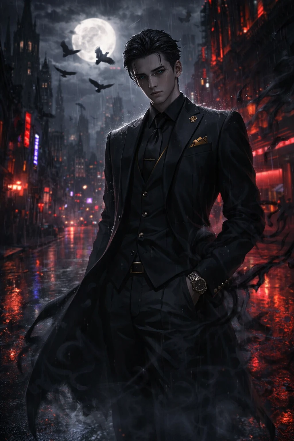Young mafia boss in neon drenched dark fantasy city