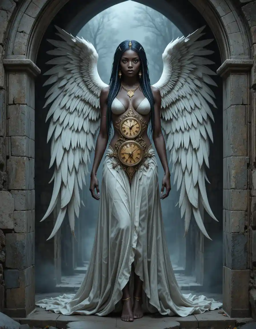 Gothic angelic timekeeper in a medieval stone archway