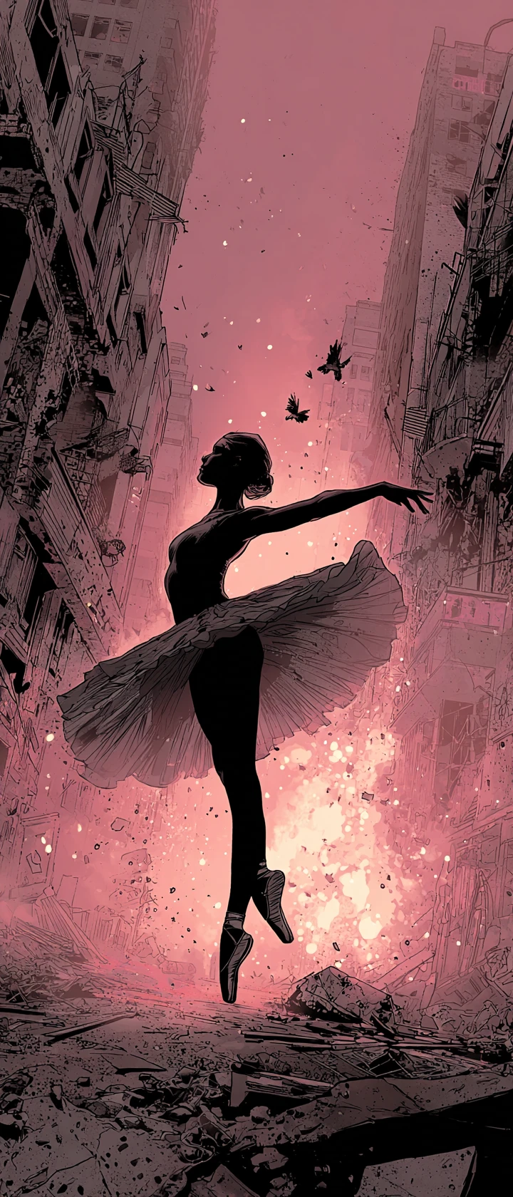 Junge Ballerina im Pirouettensprung in einer zerstörten monochromen Stadt