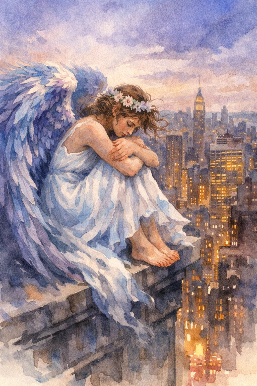 Melancholic Angel Woman Above Twilight City Skyline