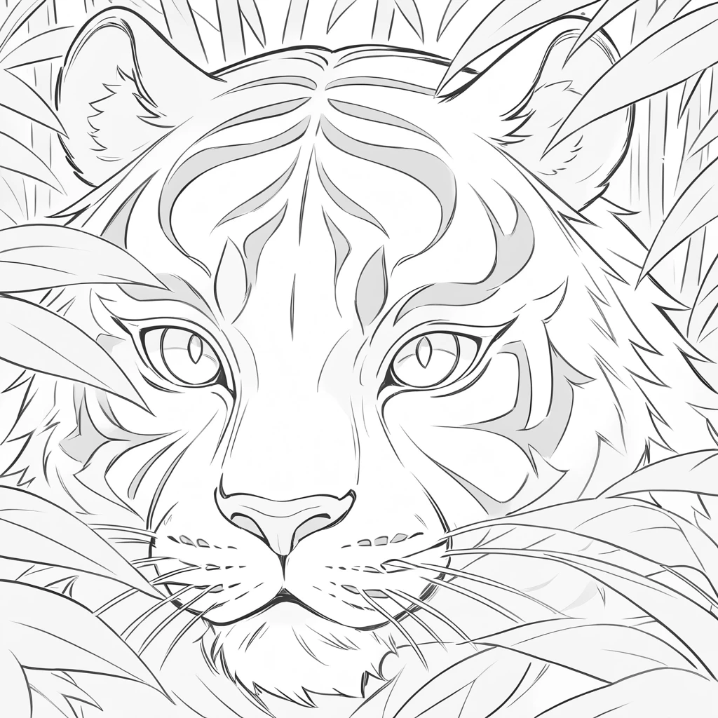 Portrait de tigre en gros plan derrière un feuillage bleu avec lumière éclatante