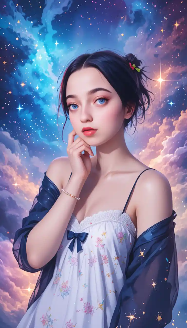 Anime-Mädchen im sternenbesetzten Umhang vor bunter kosmischer Nebelwolke