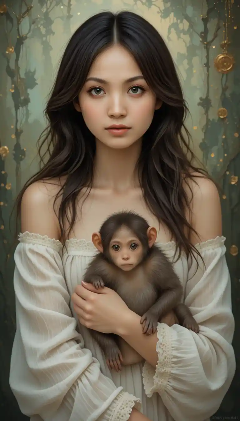 Young woman holding a small monkey in warm soft light