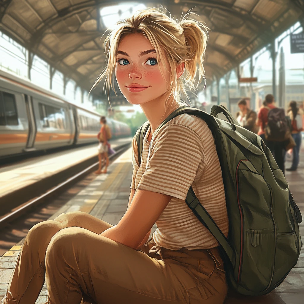 Lächelndes blondes Mädchen wartet an einem belebten Bahnhof
