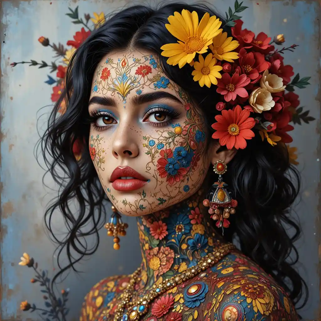 Floral woman shaped from Venezuelan flowers and flag colors