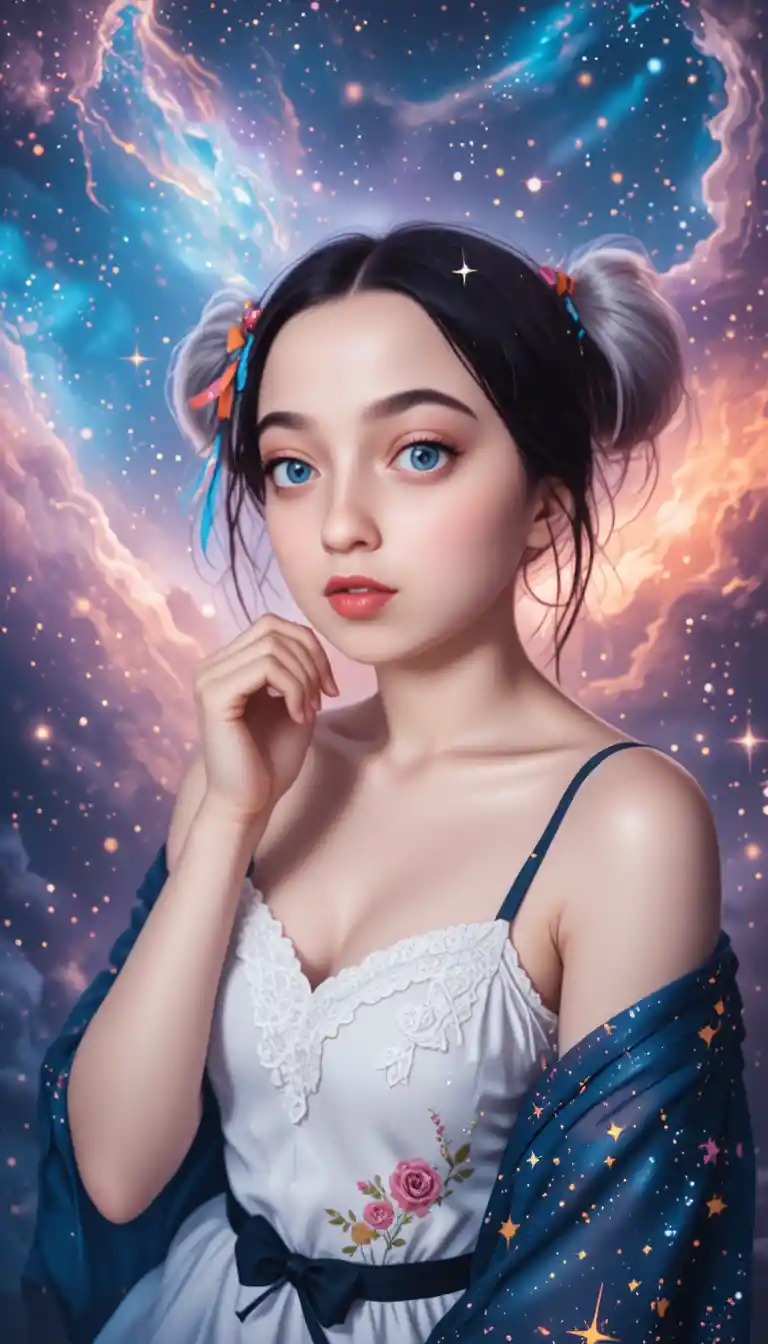 Anime girl in starry nightgown before colorful cosmic nebula