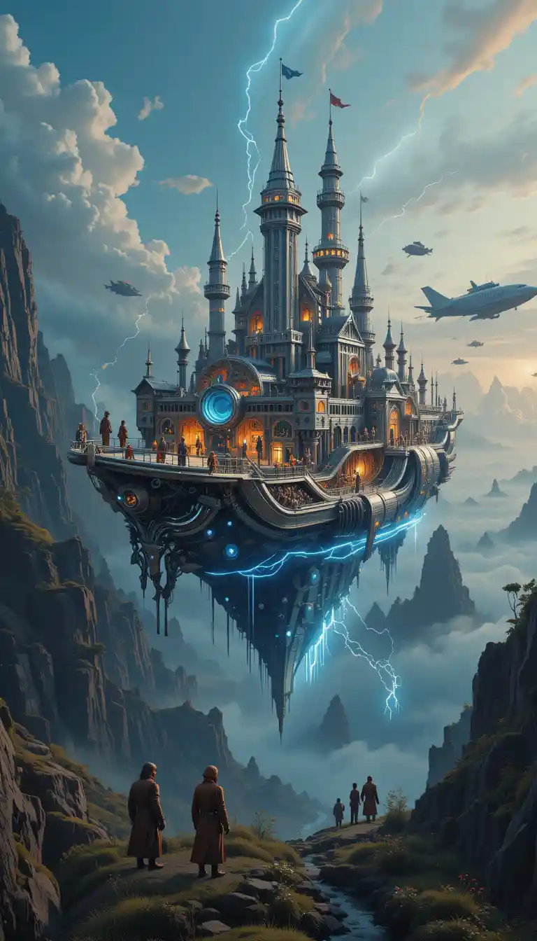 Fantasy airship sailing above a cloudlike ocean