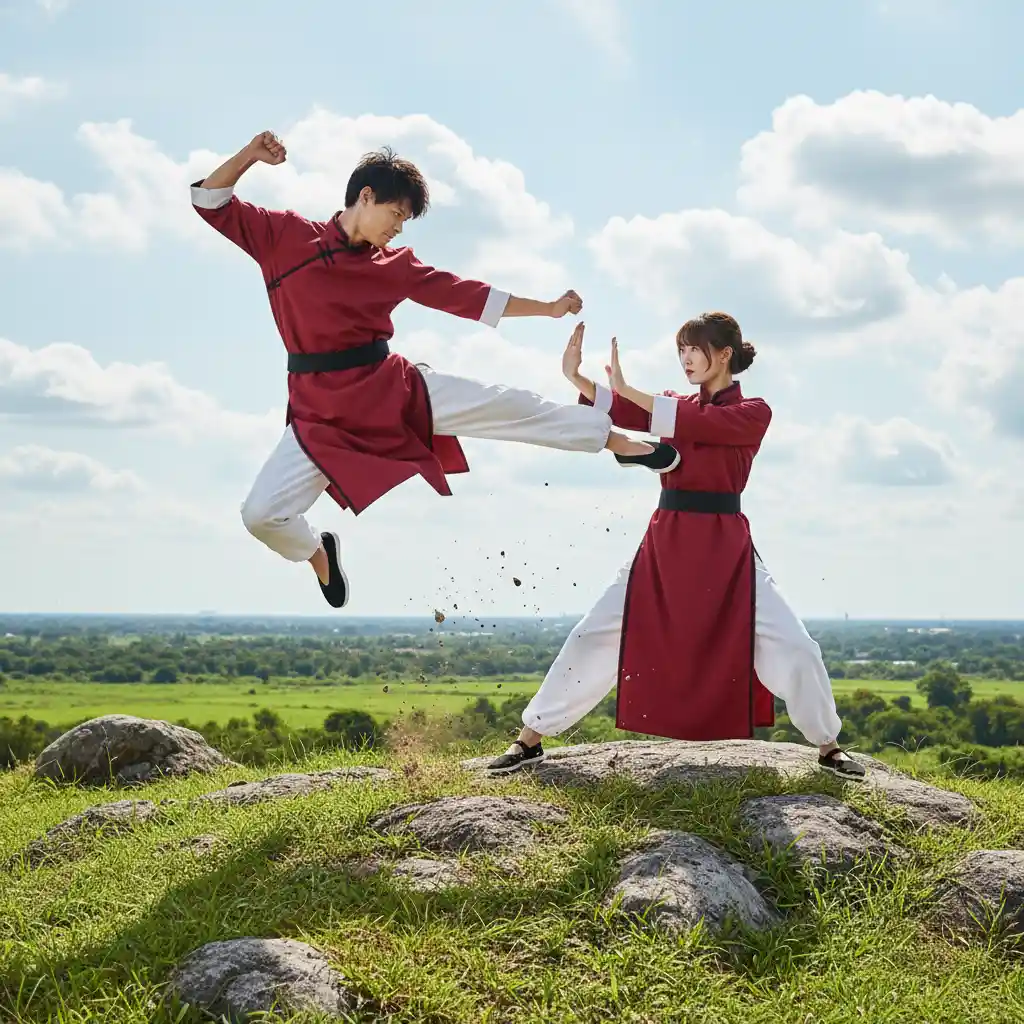 Homme et femme pratiquant le kung-fu se battant sur une colline rocheuse et herbeuse