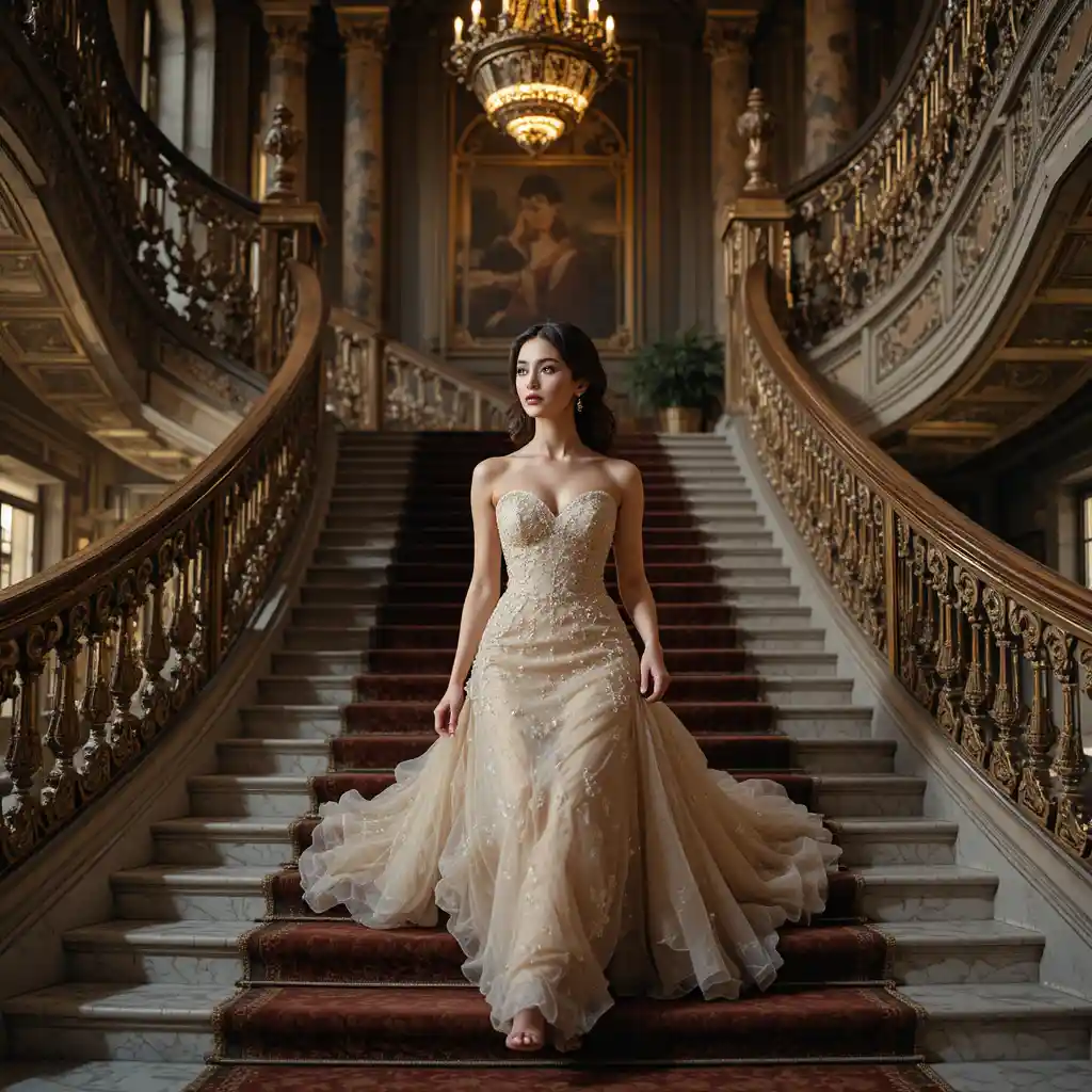 Elegant woman descending a grand staircase in evening gown