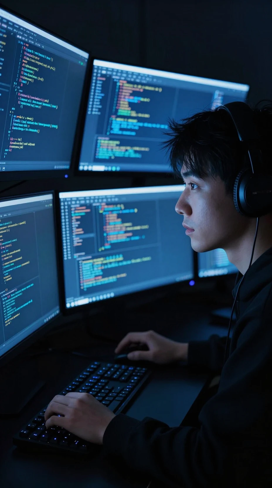 Programmatore concentrato illuminato da monitor blu in una stanza buia