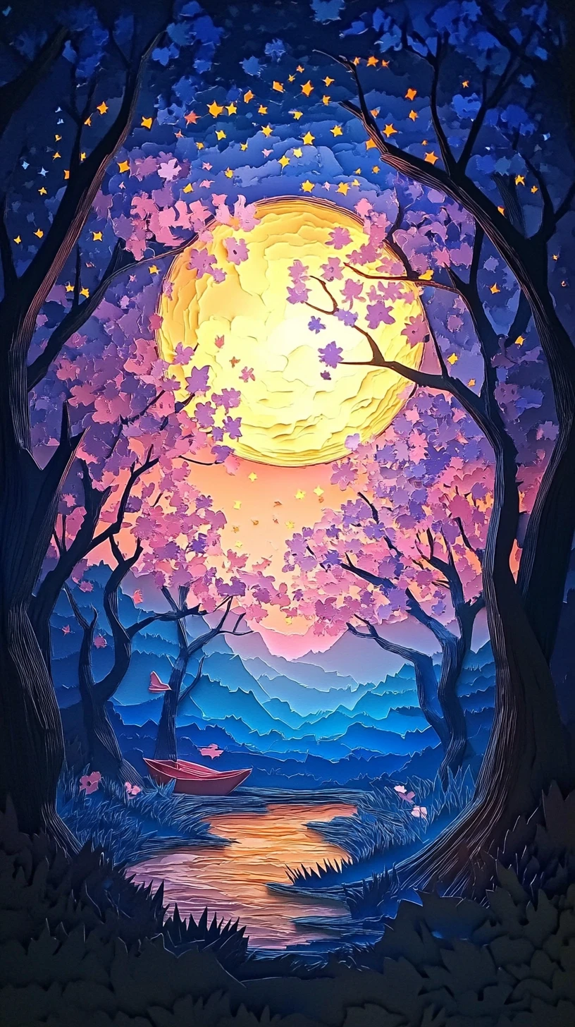Origami cherry blossom forest under a huge glowing moon