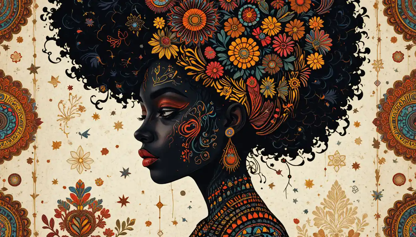 Ilustração afrocentrista vibrante com padrões africanos tradicionais