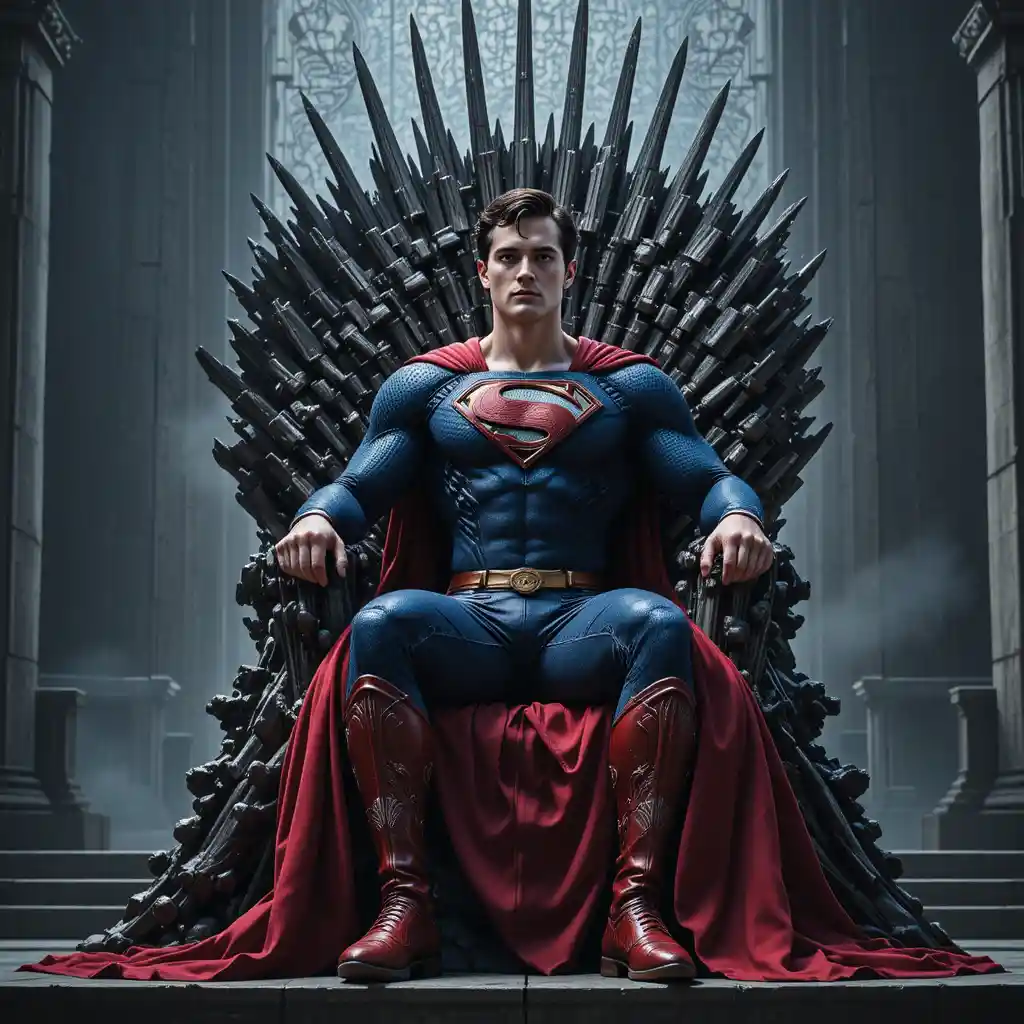 Super‑herói de terno vermelho e azul em um trono de ferro sombrio