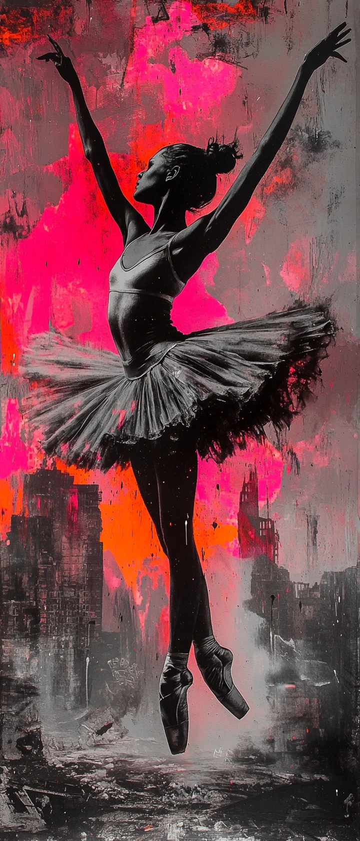 Giovane ballerina che ruota in una strada cittadina monocromatica in rovina