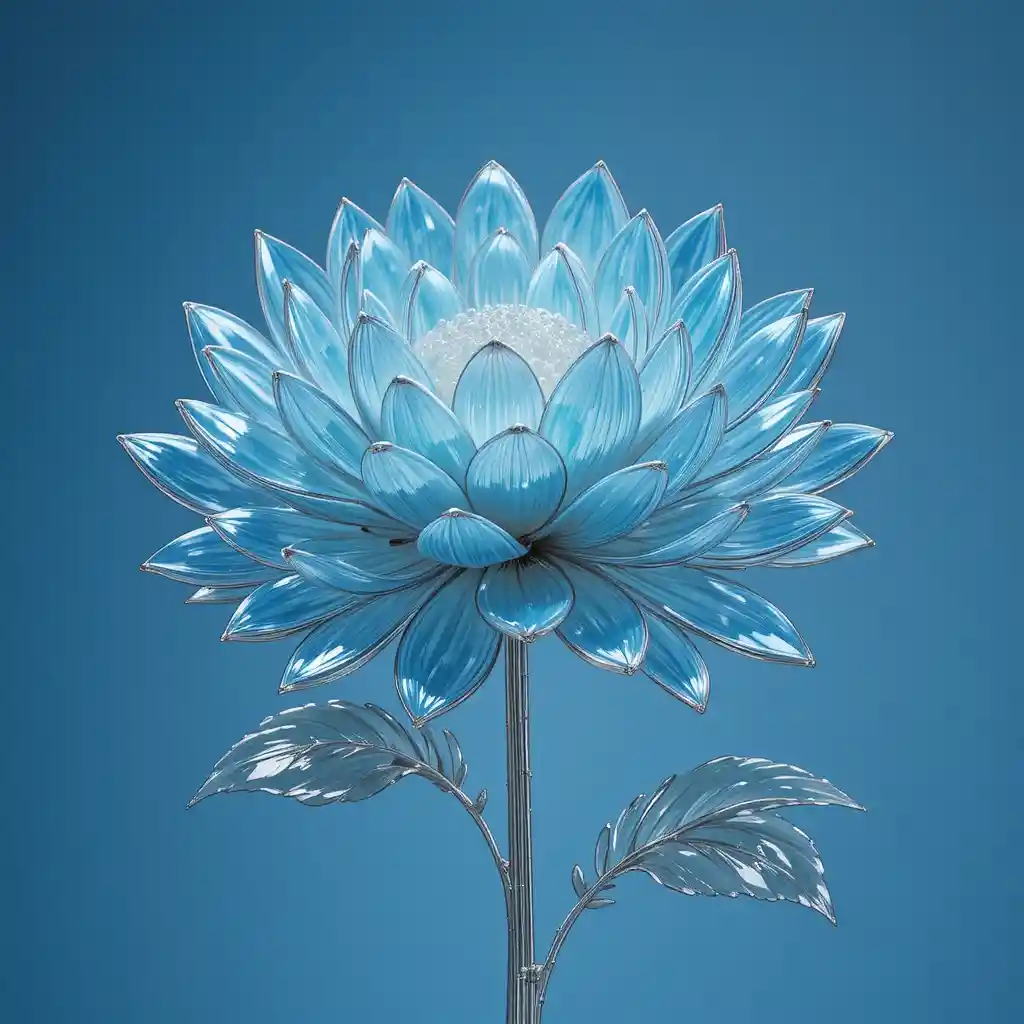 Crisântemo de vidro com folhas de bordas prateadas em fundo azul