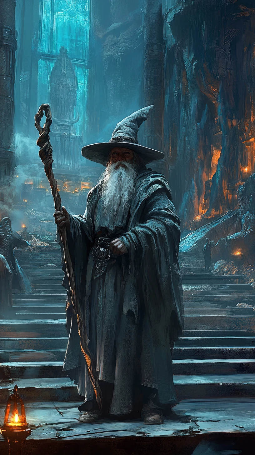 Old wizard in a stone cave temple with staff and columns
