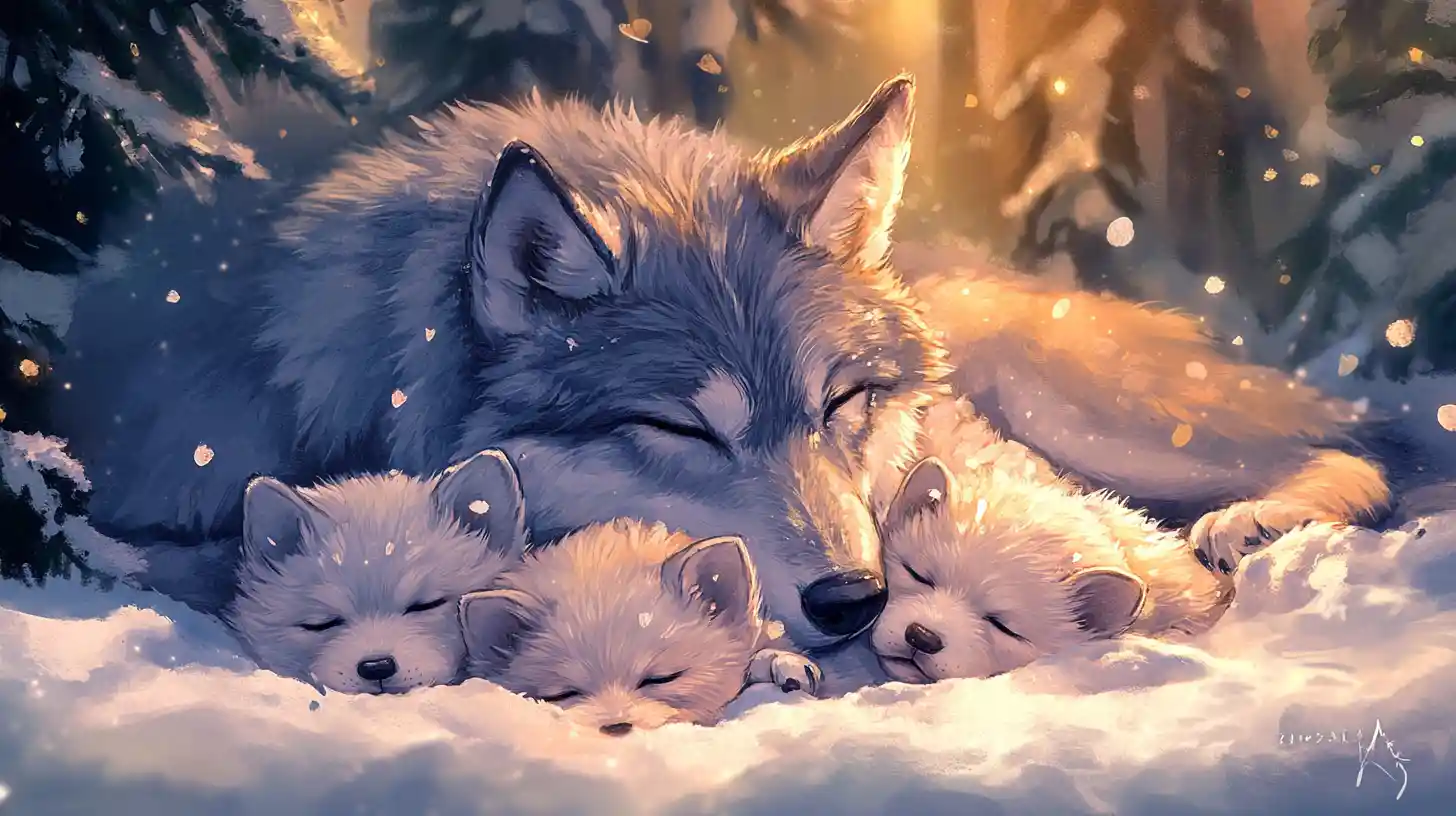 Watercolor wolf family cuddling in snowy pine forest