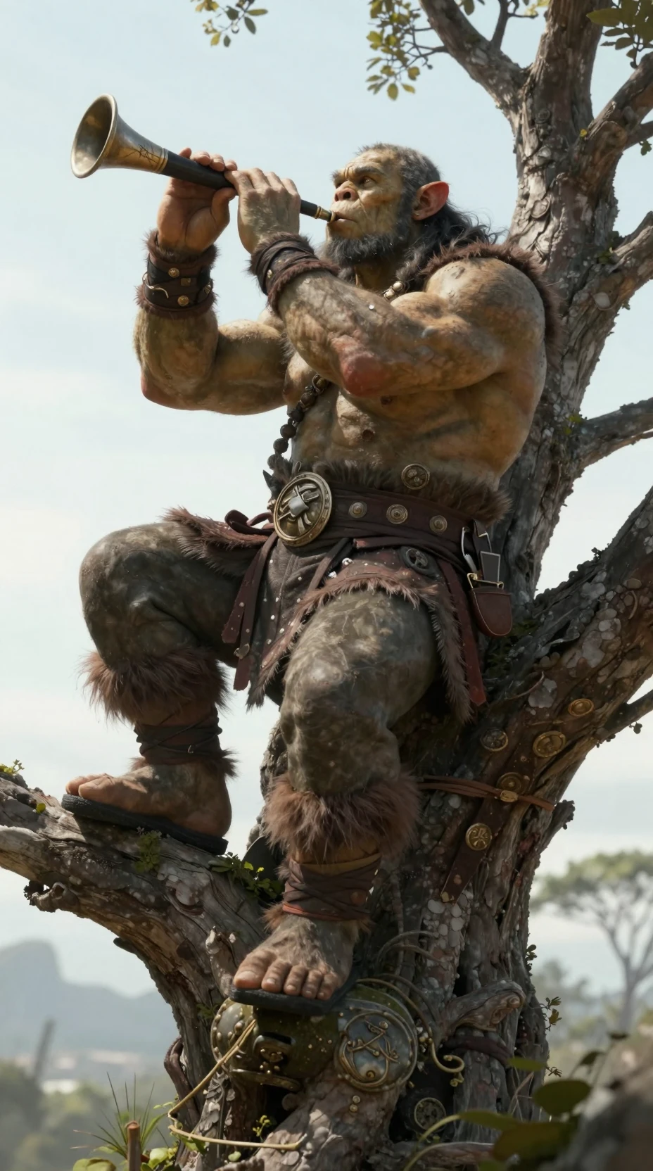 Guerrier orc perché dans un arbre jouant une flûte en bois