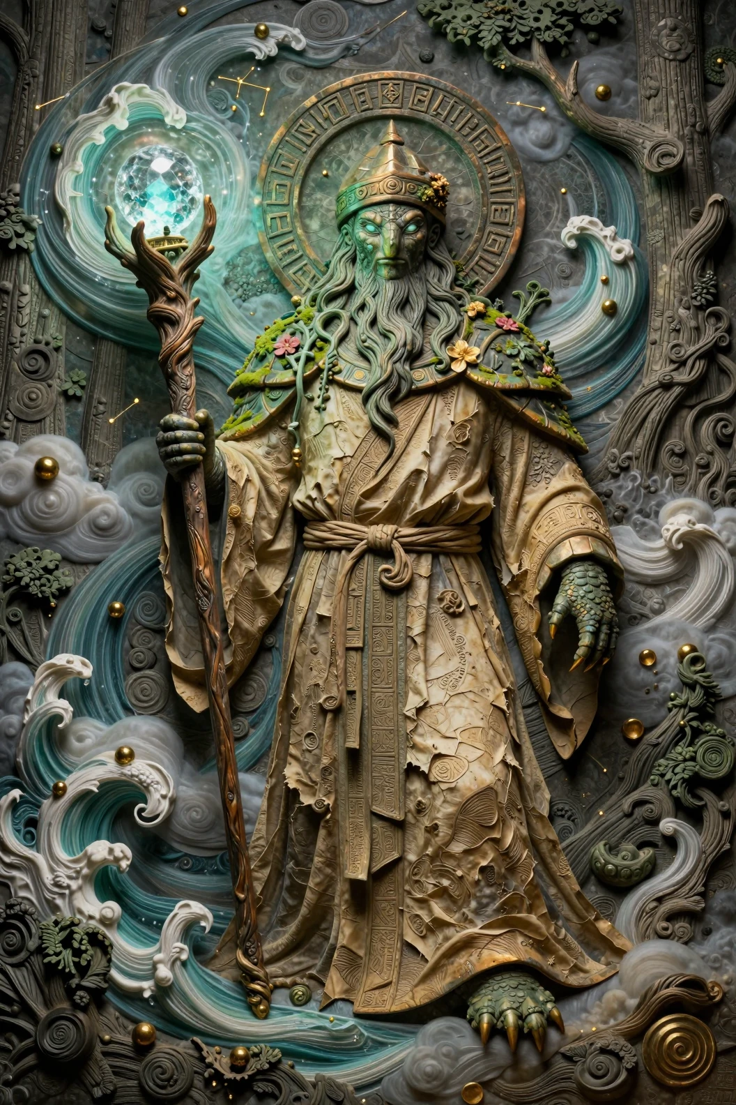 Antiker Schildkrötenzauberer in mystischem Relief geschnitzt
