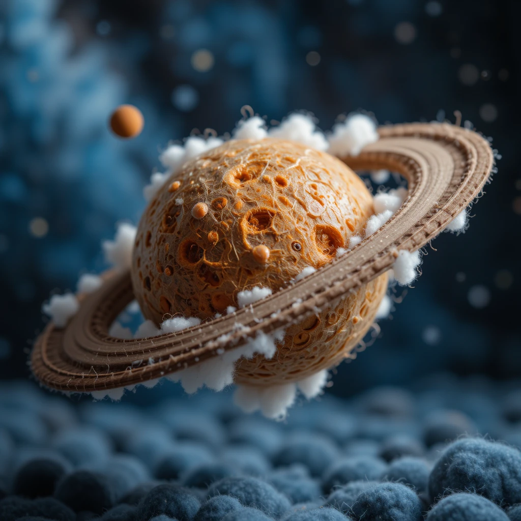 Planetas miniatura de lã flutuando em uma cena cósmica aconchegante