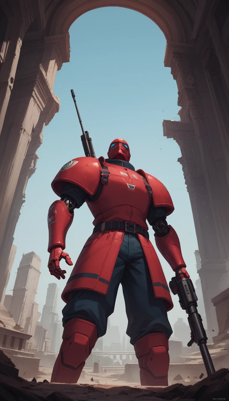 Cybernetic hunter aiming a rifle in ruined city