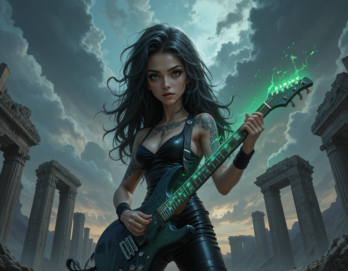 Muscular woman with serpent hair playing electric guitar