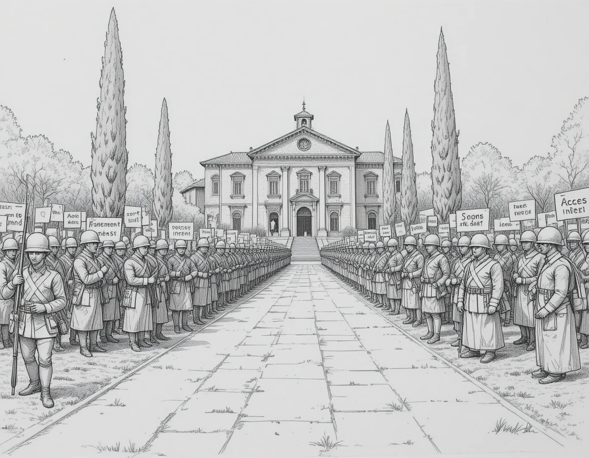 Soldiers And Civilians At A Military Checkpoint Entrance