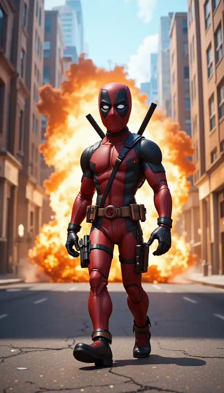 Masked antihero walks from city explosion in daylight