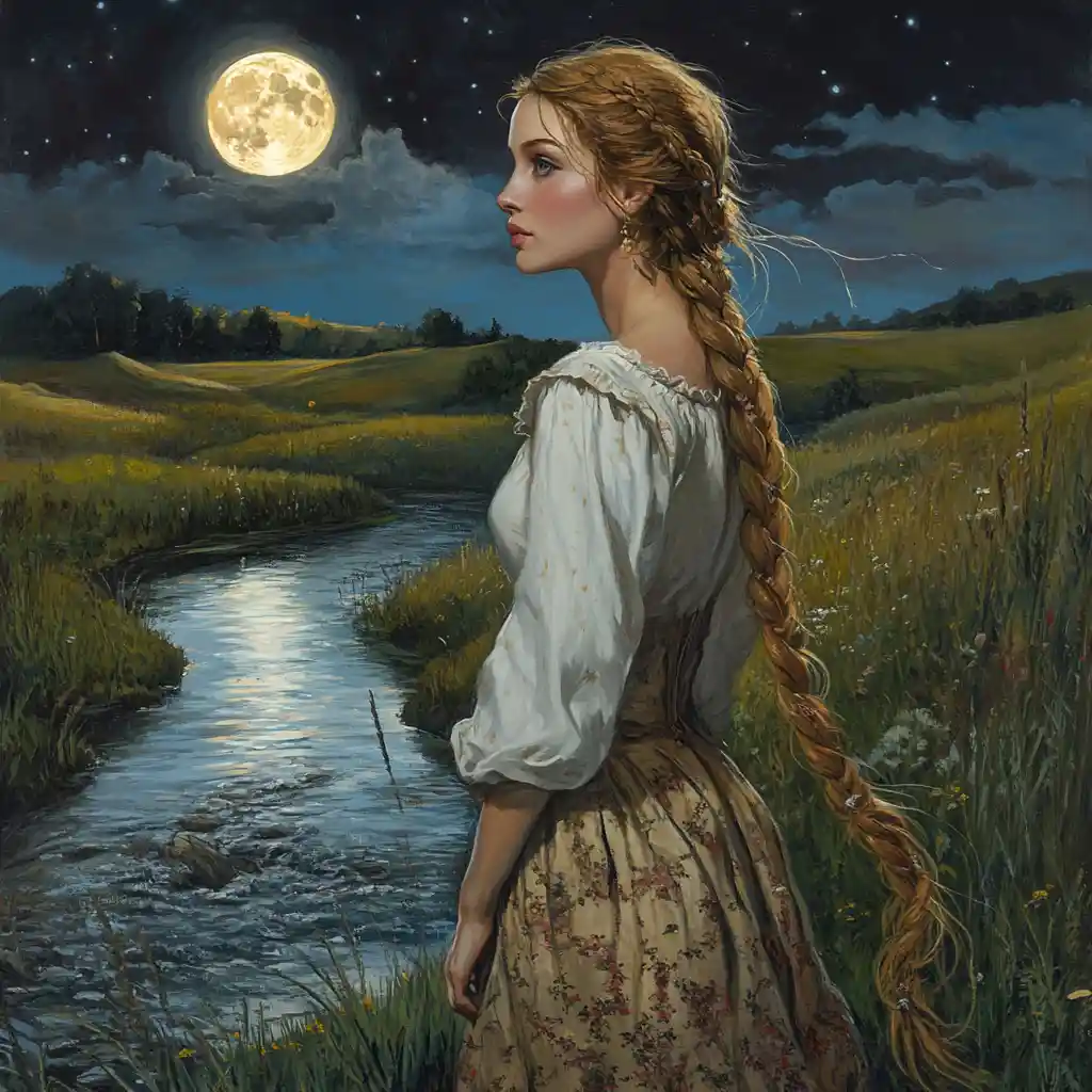 Girl standing by a moonlit river in a quiet field