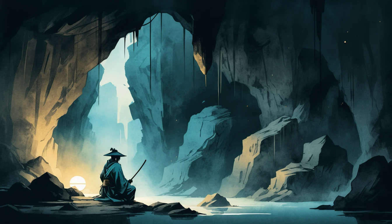 Samouraï méditant dans une grotte sombre avec un orbe lumineux dans la poitrine