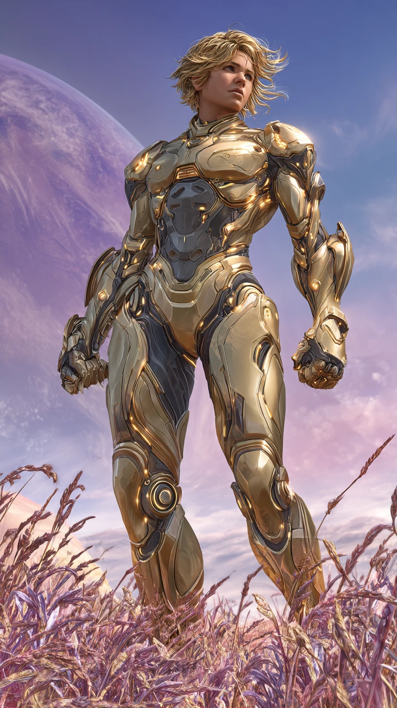 Blonde sci fi warrior in golden armor on alien plain