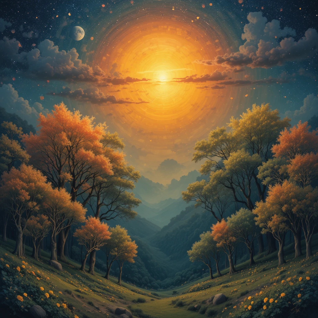 Colorful forest sunset with sun below and moon above