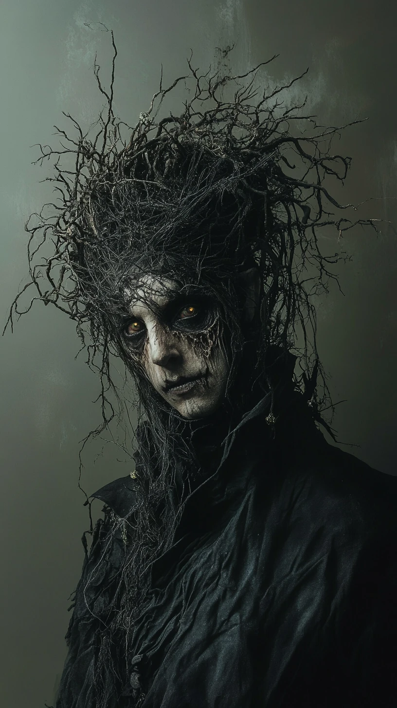 Towering figure in a dark dystopian Halloween dreamscape