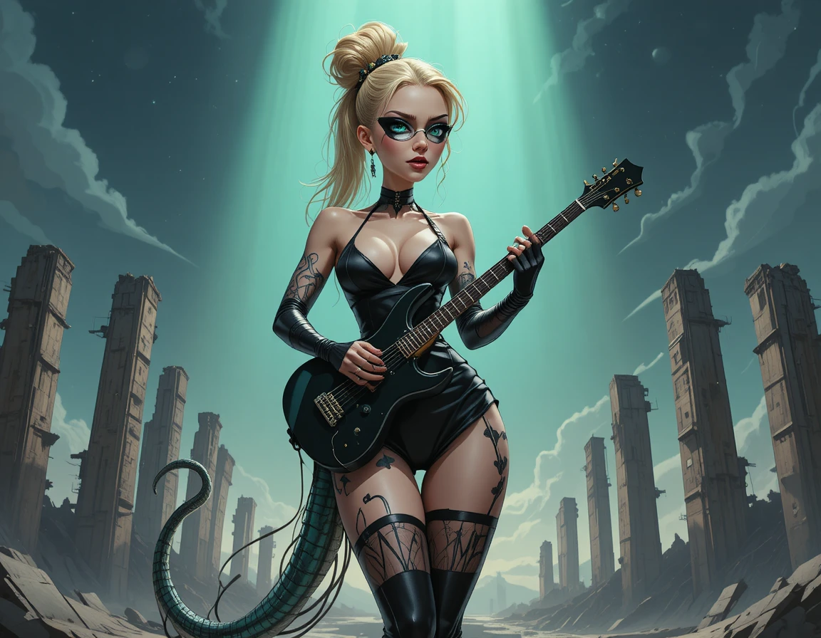 Muscular woman with serpent hair playing electric guitar